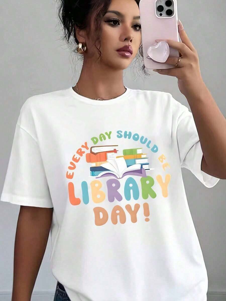 Every Day Should Be Library Day, Women's Graphic Print T-Shirt, Casual, Soft, Comfortable, Gift For Book Lovers, Book Day, Birthday, Christmas, Holidays, Casual Blouse For Women - 白色 - 查看 1