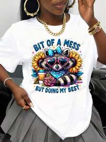 Adorable Raccoon T-Shirt, White, A Little Messy But Doing My Best, Graphic Print For Casual Wear And Everyday Outfits, Women's Blouses - 白色 - 查看 1
