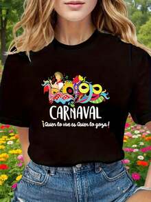 Joy Of Carnival Graphic Print T-Shirt, Short Sleeve, Round Neck, Casual Style For Summer And Spring, Women's Clothing - 黑色 - 查看 1