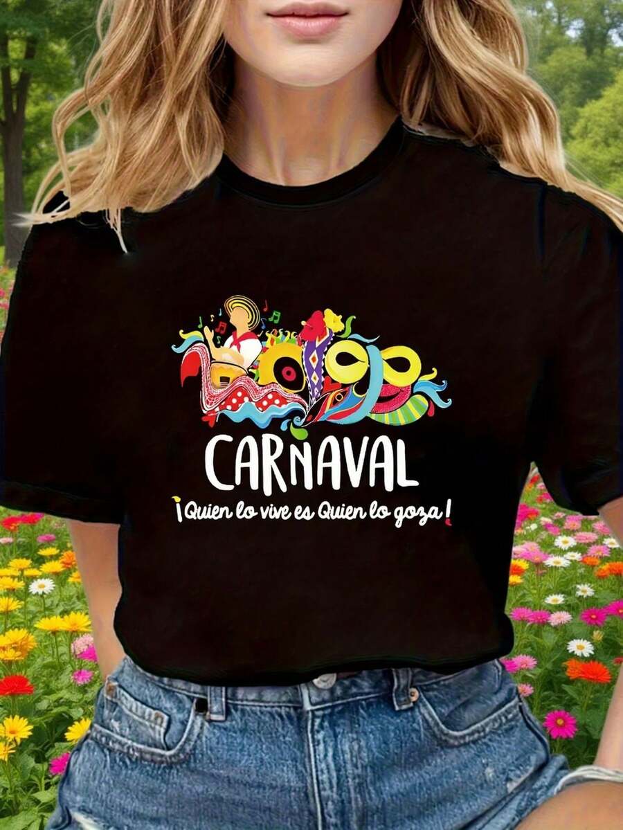 Joy Of Carnival Graphic Print T-Shirt, Short Sleeve, Round Neck, Casual Style For Summer And Spring, Women's Clothing - 黑色 - 查看 1