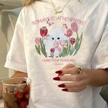 Camiseta Extra Grande para Mujer 100% Algodón con Estampado de Ovejas de Dibujos Animados y Tulipanes Rosados con Detalle de Lazo - Top Suave de Manga Corta y Cuello Redondo, Ligera para Primavera y Verano, Estilo Casual, Blanca, 100% Algodón - Blanco - Ver 5