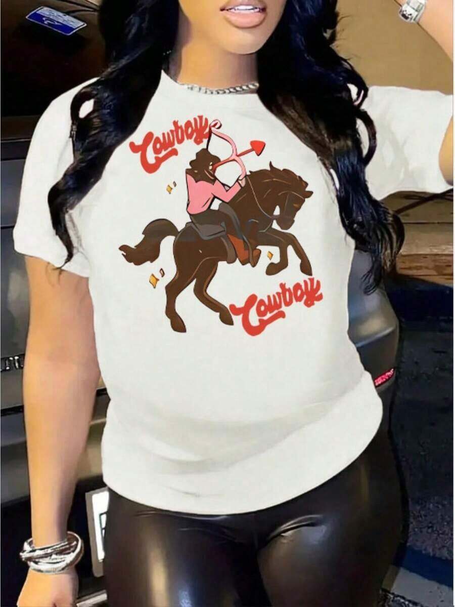 Camiseta Casual de Mujer con Diseño Gráfico de Vaquero, Transpirable, de Punto, Manga Corta, Cuello Redondo, con Divertido Diseño de Corazón de Caballo, Lavable a Máquina, Blanca para Todas las Temporadas, Camisetas Western para Primavera Verano, Camiseta de Algodón, Regalo Ideal - Blanco - Ver 1