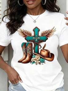 Women's Round Neck T-Shirt With Western Cross Print Featuring Wings, Cowboy Boots, Hat And Flowers, Short Sleeve, Casual Wear For Daily Outings And Country Style Events, Casual Blouses For Ladies. - 白色 - 查看 1