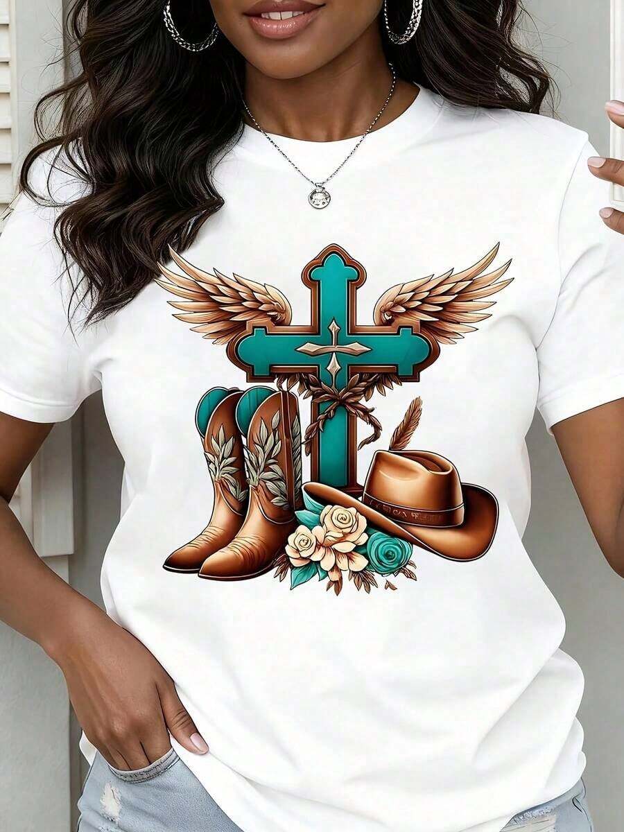 Women's Round Neck T-Shirt With Western Cross Print Featuring Wings, Cowboy Boots, Hat And Flowers, Short Sleeve, Casual Wear For Daily Outings And Country Style Events, Casual Blouses For Ladies. - 白色 - 查看 1