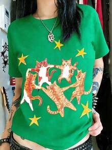 Mexican Basic Camiseta de Verano Estilo Y2K Nueva Hip-Hop con Estampado de Gato Bailando y Estrella, Camiseta Retro Unisex, Fresca, Versátil, Cómoda y Holgada de Manga Corta de Verano 2P7U-Vintage Street Style Unisex Loose Cotton Short Sleeve Crew Neck T-Shirt New Launch - Verde - Ver 2