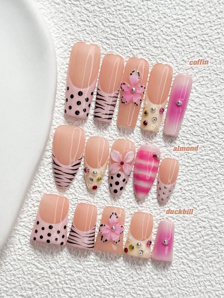 10片甜美風手工穿戴甲 Polygel 假指甲套組,粉色、黃色、紅色水鑽波點設計,粉色、黃色、黑色指甲油,極簡風,附美甲工具,3種尺寸可選,杏仁形、鴨嘴形、棺材形,適合派對、跳舞、日常佩戴 - 彩色 - 查看 1