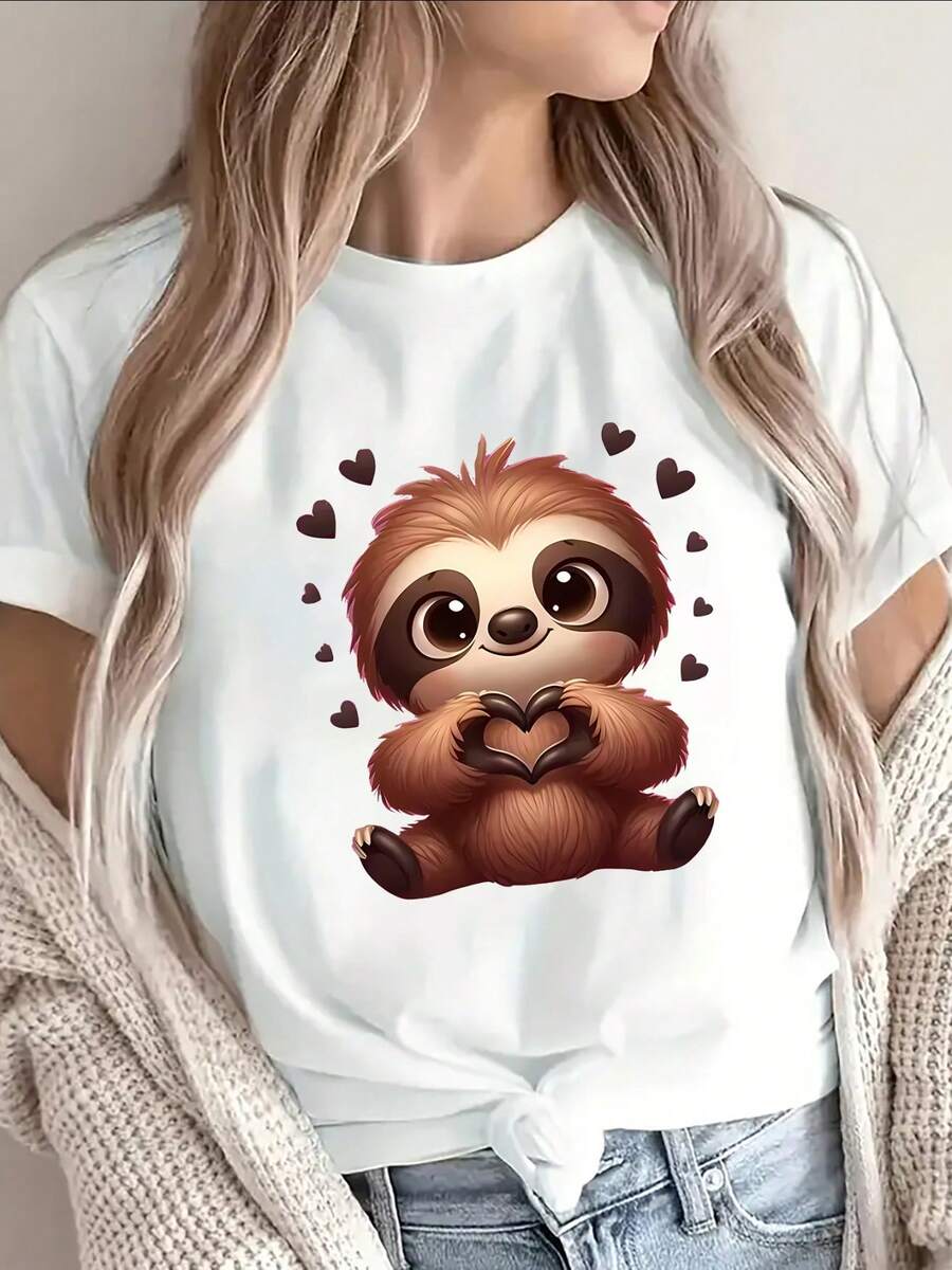 Adorable Women's Short-Sleeved T-Shirt With A Sloth-Themed Heart Graphic, Designed To Be Lightweight And Durable, Ideal For Relaxed Outings At Home Or In A Cafe, With A Soft And Comfortable Fabric Available In Several Options. - 白色 - 查看 1