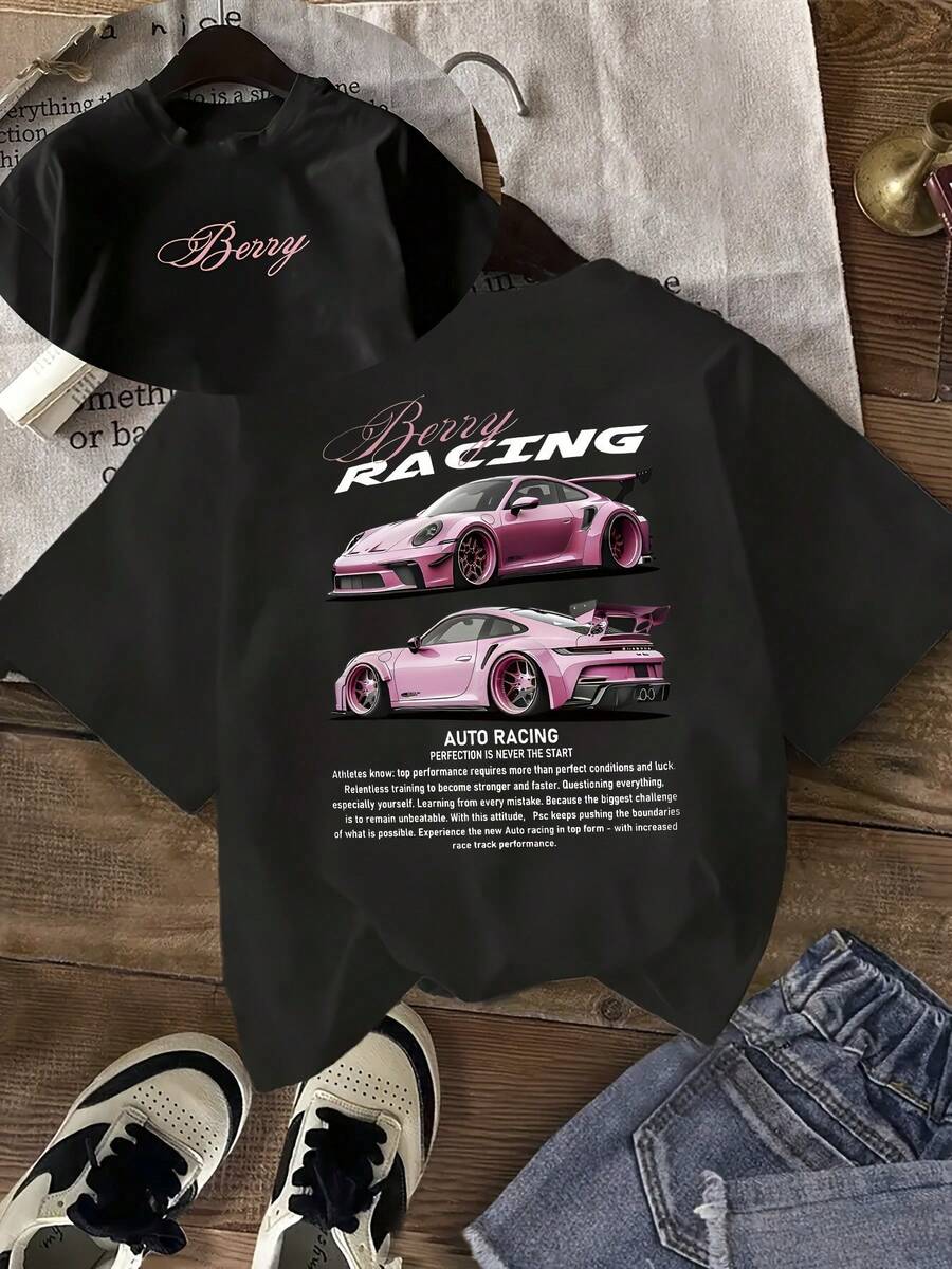 Camiseta de Manga Corta con Estampado de Coche Anime, Camiseta Casual de Cuello Redondo, Corte Regular, Tejido Cómodo para Todas las Estaciones, para Uso Diario, Camiseta de Mujer de Oferta Promocional, Camiseta Elegante para Mujer, Camiseta Hermosa para Mujer - Blanco - Ver 1