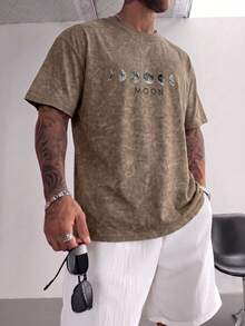 FRACTYR Men's Summer Casual Street Tie-Dye Moon Phase Print Short Sleeve T-Shirt, Retro Distressed Moon Letter American Streetwear Loose Crew Neck Tee, Soft Breathable Comfortable For Summer Wear - Brown - View 2
