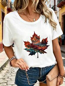 Limited Time Offer, Limited Quantities, Flash ! Women's Casual Shirts, Women's Polyester T-Shirts, Stylish Shirts. Women's Casual V-Neck T-Shirt With Vibrant Maple Leaf And Autumn Mountain Print - Soft And Breathable Short-Sleeve Top For Spring, Summer, And Fall, Machine Washable, Nature-Inspired Design, Comfortable T-Shirt, Seasonal Fashion, Relaxed Fabric, Easy Care T-Shirt, Relaxed Outfit, For Comfort Lovers - 白色 - 查看 2