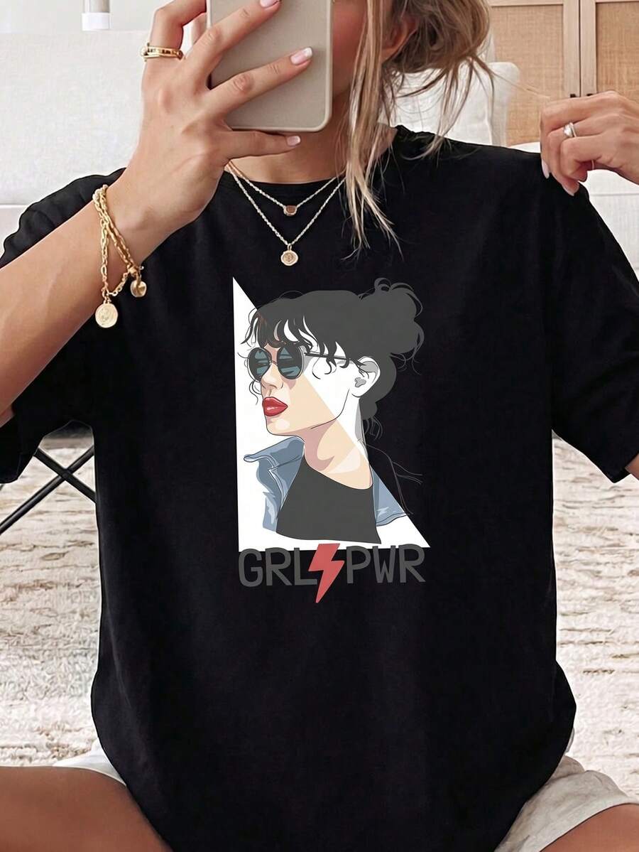 Women's T-Shirt Artistic Themed Women's T-Shirts, Stylish Graphic Tees, Perfect For Spring And Summer, Chic Casual Wear, Suitable For Family Outings, Office Parties, Gifts For Team Building Activities, American Pop Culture Art. - 黑色 - 查看 1