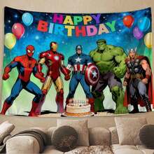 1pc Avengers Birthday Tapestry, S Pider Man I-Ron Man C Aptain A Merica H Ulk Thor Team Graphic With Happy Birthday Banner, Balloons & Cake, Superhero Themed Party Backdrop, Vibrant Wall Hanging For Party Decor, Photo Booth Props, Home Celebration Decoration, Epic Pop Culture Event Supply - View 2