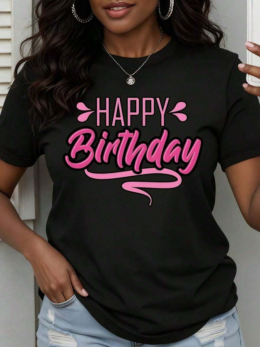 Women's Happy Birthday Graphic T-Shirt With Pink Lettering, Casual Short Sleeve Top, Birthday Celebration Gift, Urban Vintage Style, Unisex, Loose Fit Cotton Crew Neck Short Sleeve T-Shirt, 100% Cotton - 黑色 - 查看 1