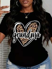 Women's Leopard Heart Print T-Shirt For Grandma, Casual Short Sleeve T-Shirt, Fashion Graphic Tee For Mother's Day Gift - Urban Vintage Style, Unisex, Cotton, Short Sleeve, Crew Neck, 100% Cotton - 黑色 - 查看 3