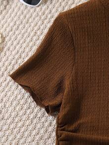 Girls' Short Sleeve Top And Wide Leg Pants Set, Solid Color Ribbed Short Sleeve Shirt + Ribbed Wide Leg Pants, Casual Versatile 2 Pieces Outfit - Coffee Brown - View 4