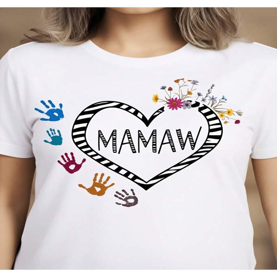 Camiseta blanca para mujer con Diseño floral de huellas de manos de Mammaw y corazón, regalo de amor familiar para abuela 2D, camiseta de mujer de Diseño holgado casual, ligeramente extendida S-XXXL - Blanco - Ver 1