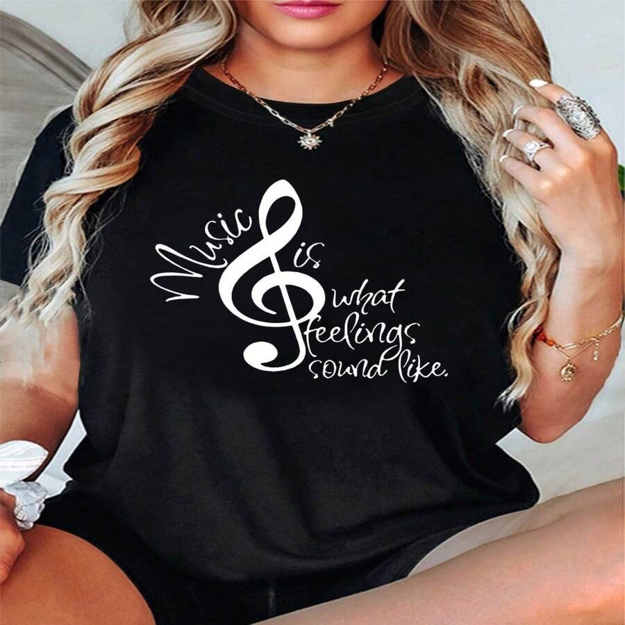 Talla grande, camiseta de mujer de talla grande con estampado gráfico "La música es el sonido de los sentimientos", manga corta, cuello redondo, top casual para verano y primavera, ropa de mujer S-XXXL - Negro - Ver 1