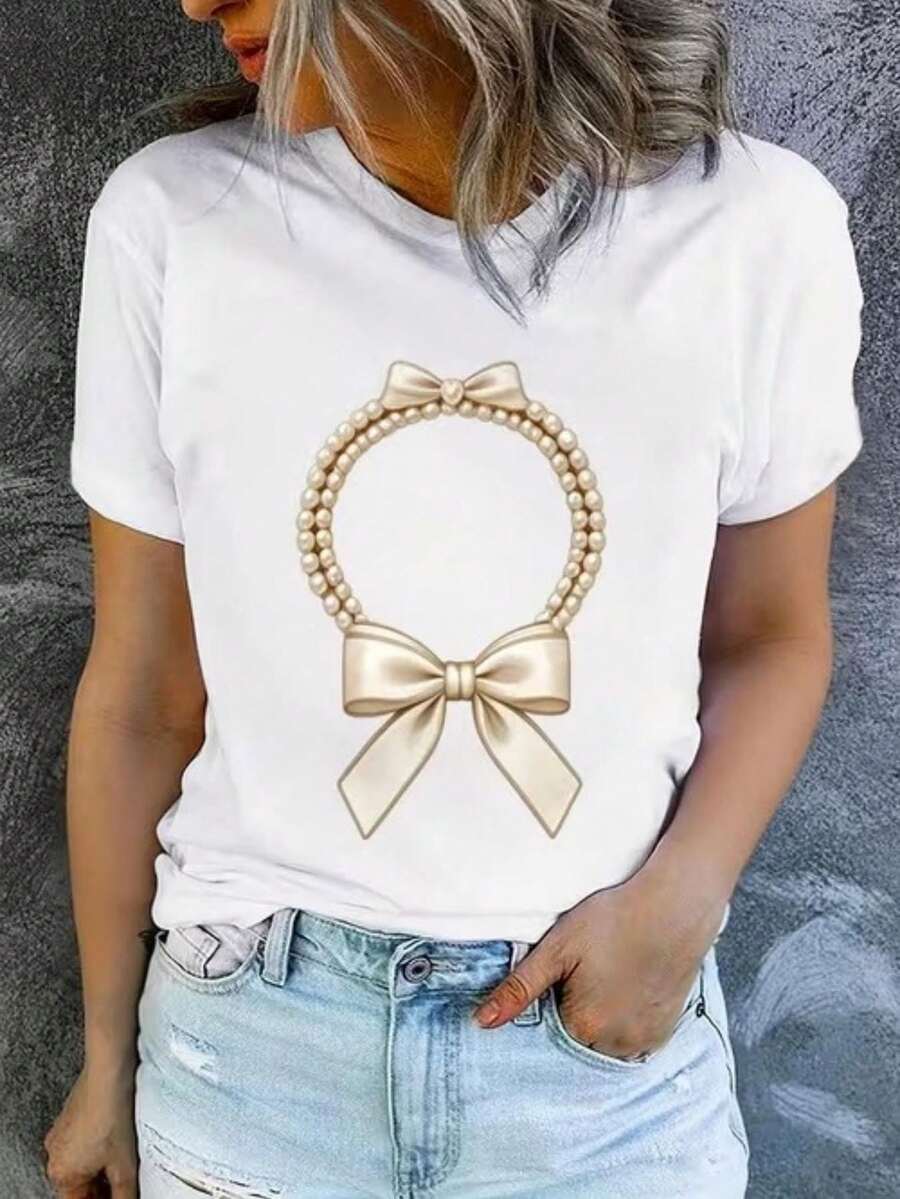 Plus Size Women's Casual Crew Neck T-Shirt, Printed T-Shirt With A Circle Of Pearls And Two Beige Bows - Fun Print, Machine Washable, Casual And Versatile, Loose And Comfortable, A Perfect Gift For A Good Friend - 白色 - 查看 1
