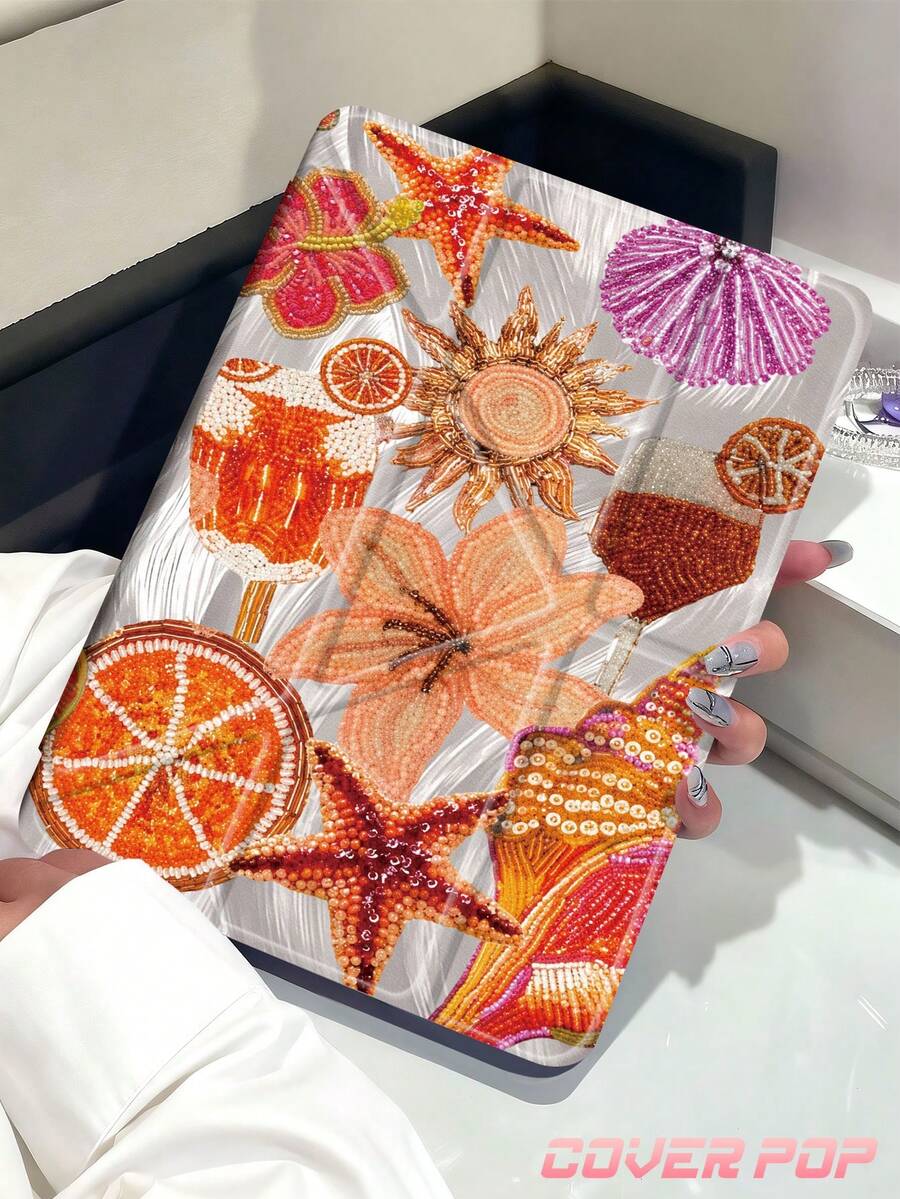珍珠刺繡百合花與貝殼圖案平板電腦保護殼，相容於 iPad Air 8 (M4) 2026 (11吋) / 2026 (13吋)、9.7/10.2/10.5/10.9/12.9/Pro 11/A16、第10代，適用於 Kindle Paperwhite 第12代 2024、Kindle (第11代 - 2024年上市)，柔軟防摔、智慧休眠喚醒功能、Y型折疊平板電腦保護殼、多角度觀看