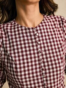 Camisa casual de mujer de manga farol de solapa única a cuadros - Burdeos - Ver 4
