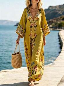 Holidaya Vestido largo y suelto con estampado floral, vestido casual de playa, vestido largo con estampado floral como cubierta, adecuado para vacaciones, viajes, playa, ocio al aire libre, vida diaria, compras, reuniones con amigos, viajes al sudeste asiático/islas, eventos temáticos, fiestas de verano al aire libre, picnics, atuendo ligero para vacaciones - Amarillo - Ver 12