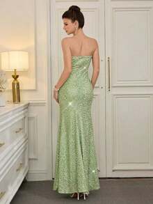 Vestido sin tirantes con lentejuelas para mujer, vestido de gala elegante y lujoso, estilo de socialité de alta gama - Verde - Ver 2