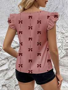 Blusa de moda con cuello en V y mangas cortas con estampado de moño para mujer - Rosa vieja - Ver 2