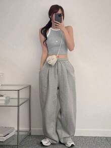 Top corto de tirantes de unicolor casual para mujer - Gris 2 - Ver 3