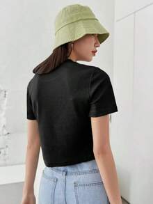 Camiseta de manga corta de unicolor para mujer para el verano, Cropped tops para mujeres - Negro - Ver 2