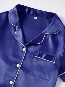 Conjunto de pijama de 3 piezas para mujer con cuello de seda falsa de unicolor y ribete contrastante - Azul - Ver 5