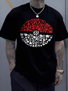 Camiseta con Estampado Digital de Silueta de Pokeball, Estilo Streetwear Gráfico, Camiseta de 220g para Hombre, 1 Pieza, Inspirada en Juegos Retro, 100% Algodón, Camiseta Casual Negra de Manga Corta - Negro - Ver 8