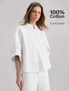 2026 Nueva Blusa de Mujer de Cuello Redondo, Abotonada, Manga 3/4, Silueta Ajustada en la Cintura, Longitud Corta, para Uso Diario, Casual y de Oficina, Versátil y Combinable, Color Blanco, de Alta Calidad, Adecuada para Aeropuerto/Crucero, Apta par - Blanco - Ver 1