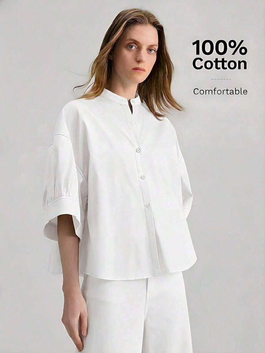 2026 Nueva Blusa de Mujer de Cuello Redondo, Abotonada, Manga 3/4, Silueta Ajustada en la Cintura, Longitud Corta, para Uso Diario, Casual y de Oficina, Versátil y Combinable, Color Blanco, de Alta Calidad, Adecuada para Aeropuerto/Crucero, Apta par - Blanco - Ver 1