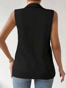 informal sin mangas con cuello francés y botones de unicolor para mujer de talla grande - Negro - Ver 2