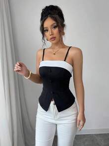 Top de tirantes de mujer con detalles de botones y contraste de color - Blanco y Negro - Ver 4