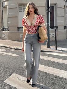 Blusa elegante y vintage de mujer con cuello en V, cintura ceñida y parches de encaje floral rojo - Rojo - Ver 5