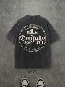 Retro Washed T-Shirt Double Sided Printed (230 Pure Cotton T-Shirt) 'DonJulio70' Letter Print, Men's T-Shirt, Men's Casual, Comfortable, Fashionable T-Shirt, Street Style Cotton - Negro - Ver 2