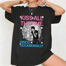 T-shirt Disco, T-shirt à imprimé rétro Kiss All The Time, Vêtements de printemps Y2k pour femmes, Vêtements en coton pour femmes, Hauts pour femmes, Hauts mignons, Hauts blancs - Noir - Voir 1