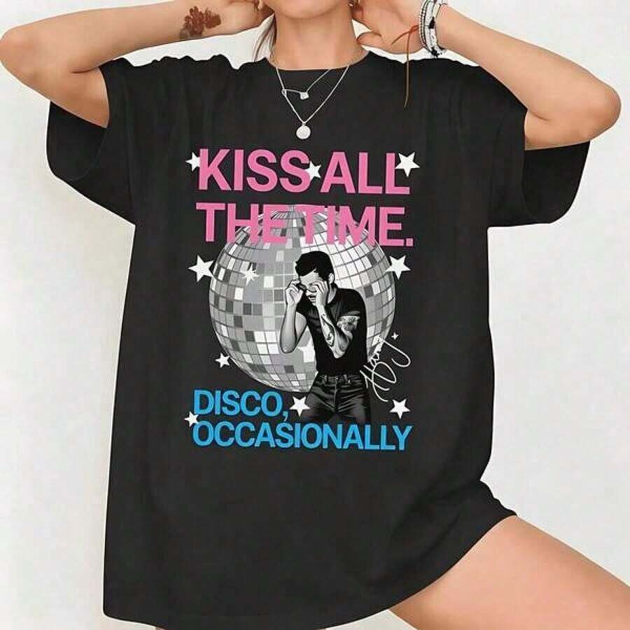 T-shirt Disco, T-shirt à imprimé rétro Kiss All The Time, Vêtements de printemps Y2k pour femmes, Vêtements en coton pour femmes, Hauts pour femmes, Hauts mignons, Hauts blancs - Noir - Voir 1