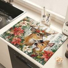 1pc Deer Pattern Printed Absorbent Dish Drying Mat, Espresso Machine Countertop Absorbent Mat, Sink Drain Mat, Soft Faucet Absorbent Mat, Sink Cup Mat, Kitchen & Bathroom Accessories - Multicolor - View 4