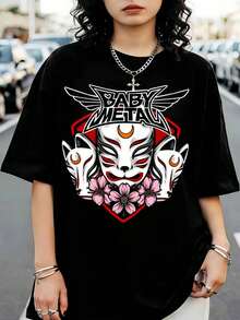 BabyMetal Graphic T-Shirt With Japanese Kitsune Mask, T-Shirt For J-Rock Metal Band Fans - 黑色 - 查看 6