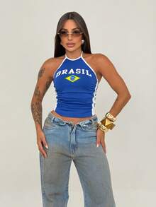 Women's Cropped Top, Brazil Edition, Halter Neck, Tie Closure - Blue - View 1