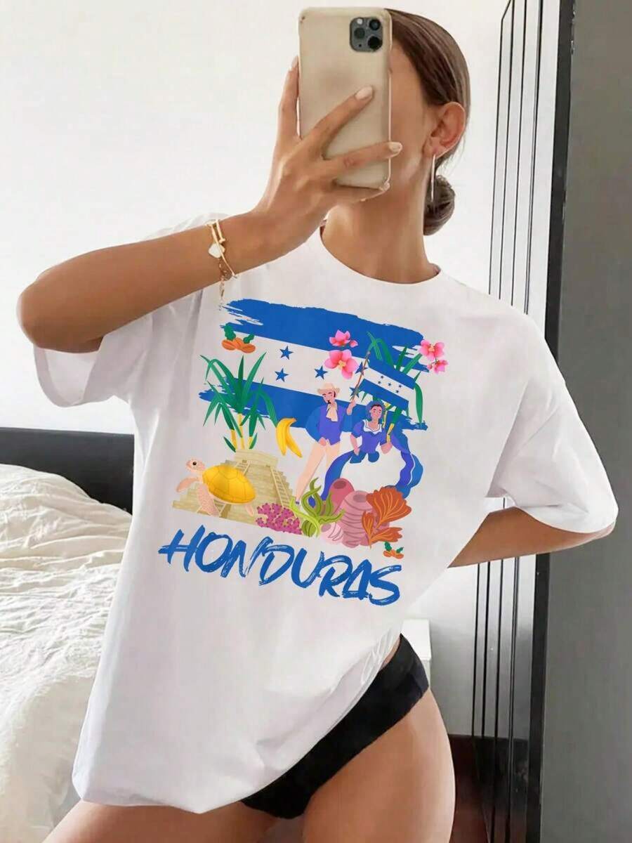 Tops casuales de verano para mujer, camisetas estampadas, ideas para fiestas de disfraces infantiles en Honduras y camisetas con la bandera de Honduras para deportes y ocio. - Blanco - Ver 1