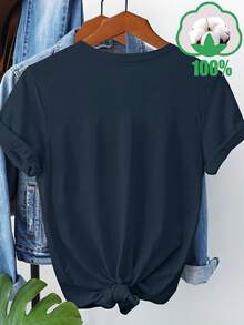 Women's Short Sleeve T-Shirt With Creative Sunflower Slogan Print, Round Neck, Breathable, Casual And Versatile, Ideal For Family Trips, Holidays And Outdoor Activities, Summer And Autumn Season, Model 3259 - Dark Blue - 查看 2
