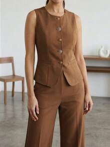 Conjunto de 2 piezas, traje de mujer de 2 piezas, chaleco sin mangas elegante con botones y pantalón talle alto pierna amplia, conjunto sofisticado ideal para oficina, eventos formales y looks modernos - Café integral - Ver 2