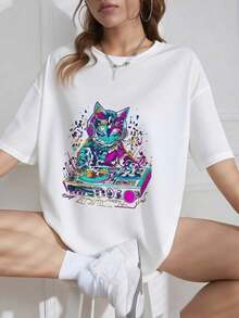 Men's Pure Cotton T-Shirt With Cat Graphic Design, DJ Techno EDM Rave Style, For Cat Lovers - White - View 8
