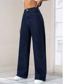 ALO FASHION Women's High-Waisted, Wide-Leg Denim Jeans, Dark Wash, Casual And Elegant Style, With High Elasticity. - 寶藍色 - 查看 4