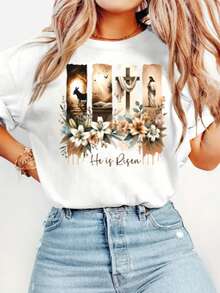 Easter Gift Women's Elegant Style Short Sleeve Easter Religious Theme Printed Pattern Round Neck Women's Comfortable Soft Breathable New Spring Summer - 白色 - 查看 14