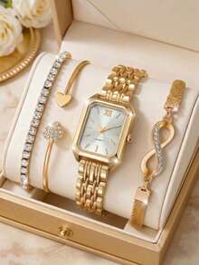 JasonRolls 4PCS/Set, Elegant Ladies' Watch, Simple, Luxurious And Fashionable Square Dial With Unique Design Style, Alloy Material Strap, Including Three Alloy Diamond Studded Bracelets, Suitable For Daily Decoration, Holiday Parties, Back To School Season, Weddings And Other Occasions, Or As The Best Holiday Gift For Friends - Multicolor - View 2