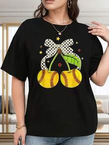 Camiseta de Béisbol de Cuello Redondo para Mujer Talla Grande con Estampado de Cerezas - Suave camiseta casual de cuello redondo para vacaciones, decorada con cerezas amarillo brillante, lazos a cuadros y puntos rojos - Cómoda para todas las estaciones, adecuada para uso diario, fiestas y eventos temáticos - Lavable a máquina Blusas Para Mujer Casual - Negro - Ver 7